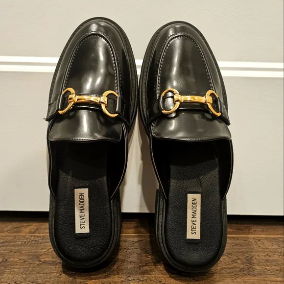 Steve Madden Black Chunky Mule Loafers with Gold Detailed Hardware Sz 9.5 - Picture 6 of 7